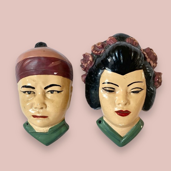 Vintage Hand Painted Male & Female Asian Chalkware Faces Wall Hangings Set of 2 - Picture 2 of 9